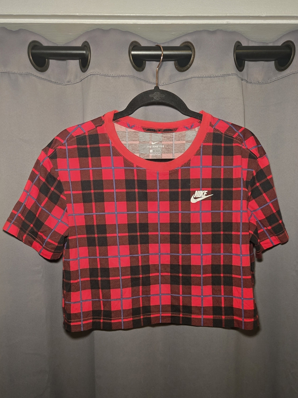 Nike Red and Black Plaid Cropped Tee